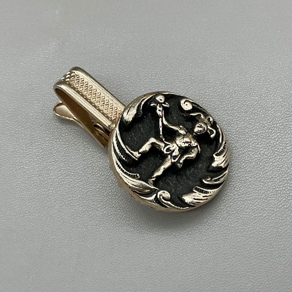Vintage Court Jester Tie Clip Gold Tone Black Enamel Novelty Men's Tie Bar‎